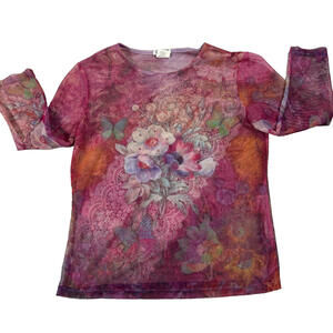 Vintage Mesh Floral Print Top Womens Medium Sheer Long Sleeve Y2K Butterfly Tee